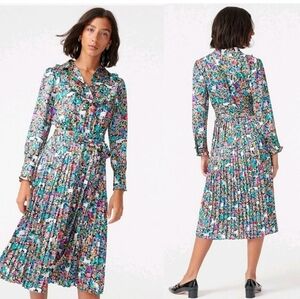 J. CREW Pleated Midi in Navy True Teal Grazing Goats Shirt Dress 0